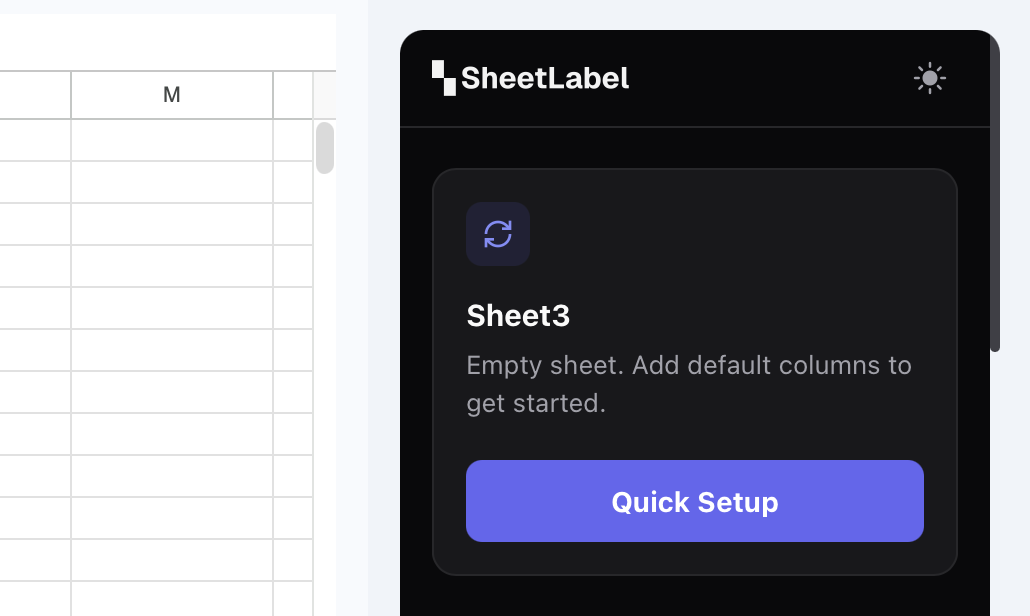 SheetLabel sidebar open in Google Sheets with column mapping