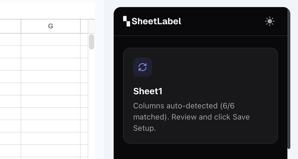 SheetLabel sidebar open in Google Sheets with column mapping