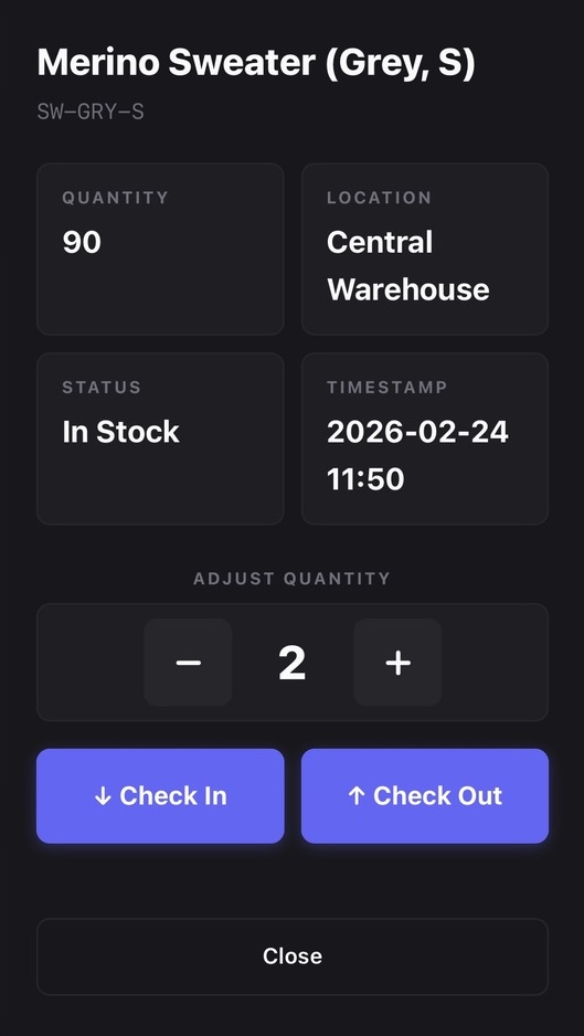 Phone scanner showing item details with Check In and Check Out actions
